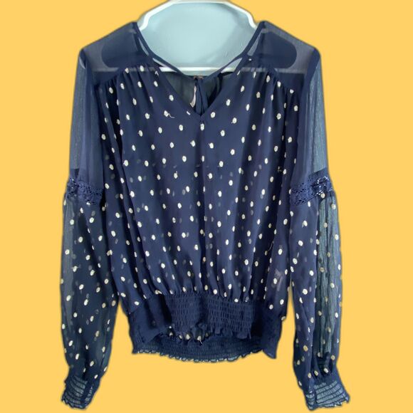 Free People Navy White Polka Dot Sheer Boho Blouse sz M - Picture 2 of 9